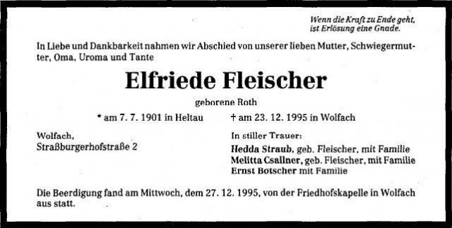 Roth Elfriede 1901-1995 Todesanzeige